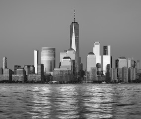 New York City black and white panorama at dusk, USA