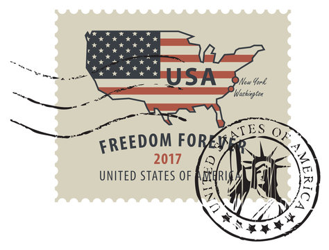 Vector illustration of a USA postage stamp with a postmark in retro style. American national flag and inscription Freedom forever.