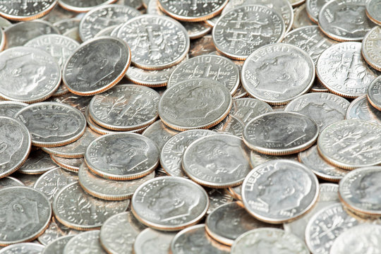 Close up of United States coins, Dimes