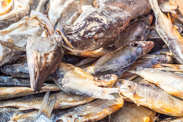 Dried different freshwater fish in the market.