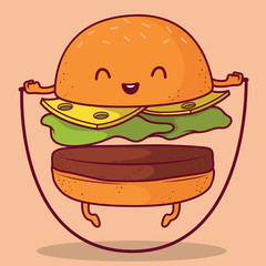 Burger jumping rope vector illustration. Sport, food, healthy, fast food, fat, unhealthy design concept