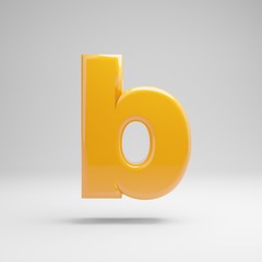 Glossy yellow lowercase letter B isolated on white background.