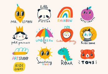 Various simple, doodle, minimalistic icons for kids. Hand drawn pre-made logos vector set. Children's drawings style. Design elements. Cartoon style. Flat design. Everything is isolated