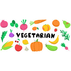 Collection of colorful hand drawn fresh tasty vegetables isolated on white background. Healthy vegan products. Flat cartoon vector illustration. Vegetarian funny lettering. For postcards, menu design