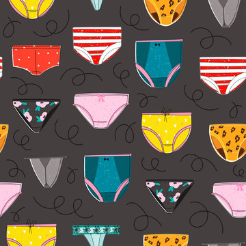 Various styles of women's panties. Female underwear collection. Hand drawn vector seamless pattern. Black background. Flat design. Trendy fashion illustration.