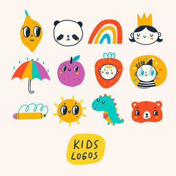 Various simple, doodle, minimalistic icons for kids. Hand drawn logos vector set. Children's drawings style. Design elements. Cartoon style. Flat design. Everything is isolated