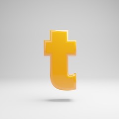 Glossy yellow lowercase letter T isolated on white background.