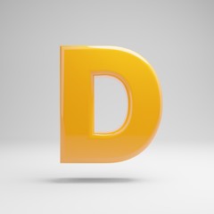 Glossy yellow uppercase letter D isolated on white background.