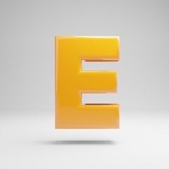 Glossy yellow uppercase letter E isolated on white background.