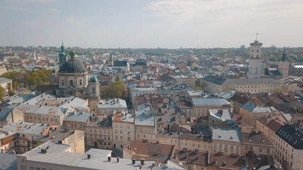 Aerial City Lviv, Ukraine. European City. Popular areas of the city. Dominican