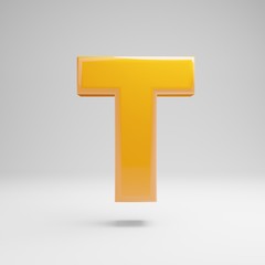 Glossy yellow uppercase letter T isolated on white background.