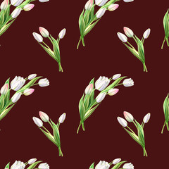 Seamless pattern from beautiful white tulips. Floral collection. Marker drawing. Watercolor painting. Floral composition of design elements. Greeting card. Painted background. Hand drawn illustration.