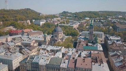 Aerial City Lviv, Ukraine. European City. Popular areas of the city. Dominican