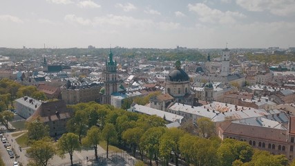 Fototapeta na wymiar Lvov, Ukraine. Aerial City Lviv, Ukraine. Panorama of the old town. Dominican