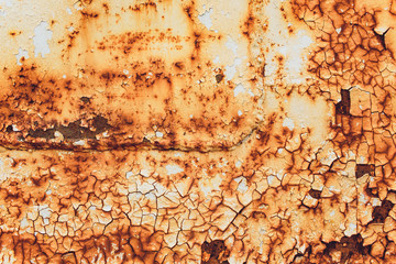 Rusted white painted metal wall. Rusty metal background with streaks of rust. Rust stains. The...