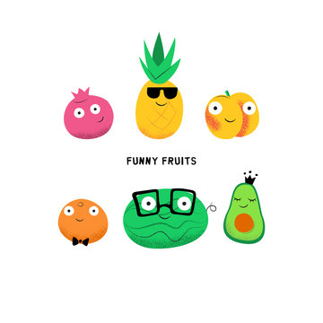 Vector set of cute cartoon fruits characters.