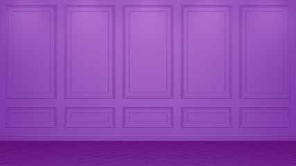 Classic purple Interior living studio mock-up 3D rendering. Empty room for your montage. copyspace