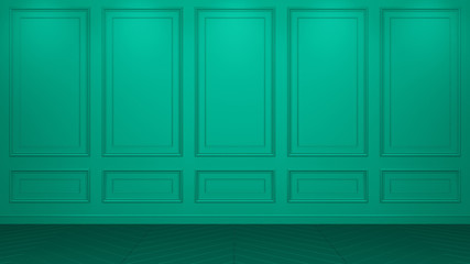 Classic turquoise interior with copy space. Red walls with classical decor. Floor parquet herringbone. 3d rendering