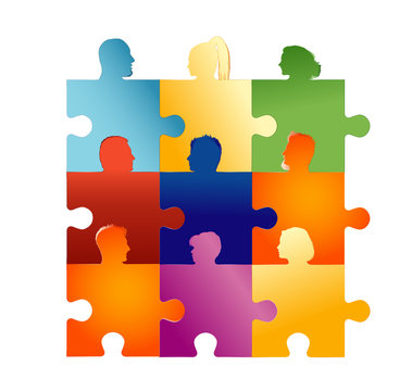Group of silhouette people heads forming puzzle pieces. Concept teamwork or community. Partnership or partnership. Collaboration or friendship between colleagues or friends. Social media network