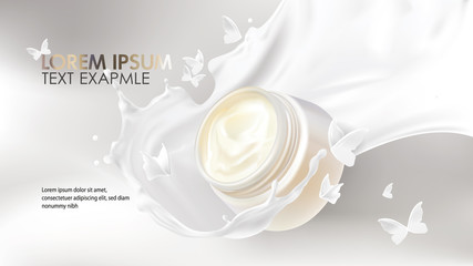 Natural cosmetics realistic vector background. Open jar with organic cosmetic cream falling in milk splash and white liquid flying butterflies silhouettes. Mock up promo banner, concept ad poster