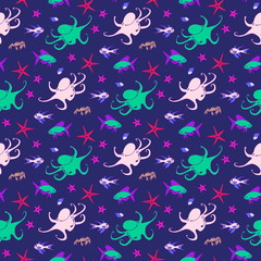 Underwater creatures seamless pattern with fish, seahorse, octopus, crab, shell, starfish. Cartoon vector illustration, cute sea animals collection
