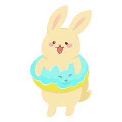 Bunny with a blue swimming circle is going to swim. Cute rabbit is about to bathe. Isolated vector illustration for design, coloring, prints, posters.