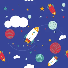 Foto op Plexiglas Kosmos naadloze patroonruimte en sterren met raketten en wolken kinderkleding babykleding
