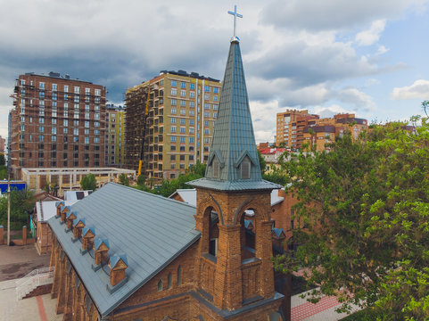 View of Jesus Evangelical Lutheran church that is located in the city center. view from quadcopter.