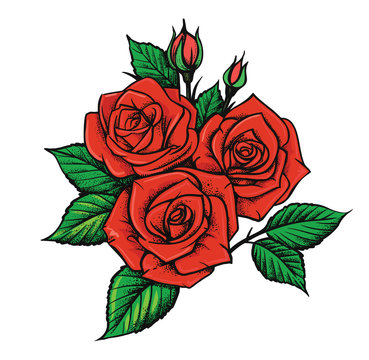 Beautiful red roses and leaves. Floral design greeting card