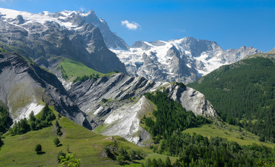 Fototapeta na wymiar AERIAL: Flying across the vast green valley and towards spectacular glacier.