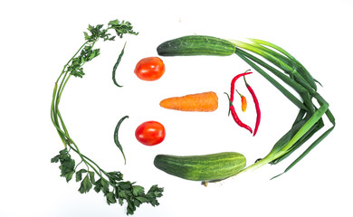 Fresh vegetables in the form of faces with a white background. Chili, eggplant, carrots, tomatoes, cucumber