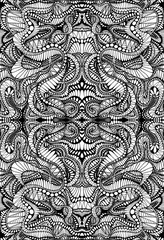 Coloring page abstract mandala pattern, maze line of ornaments. Psychedelic stylish card with fractal. Vector illustration Antistress tribal background. Black and white fantasy texture.