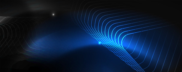 Shiny neon techno template. Neon lines background, 80s style laser rays
