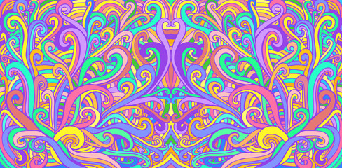 Colorful doodle waves abstract psychedelic background. Decorative surreal wavy texture. Vector hippie fantasy style pattern. - obrazy, fototapety, plakaty