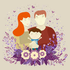 Happy family, young parents, mom, dad and son on an isolated background of flowers and hearts. Gentle pastel colors. Cute vector illustration, cartoon style. Wonderful card, poster.