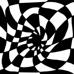 Psychedelic twisted abstract ornament, divided into black and white squares. Decorative illusion surreal background.Vector hand drawn illustration.