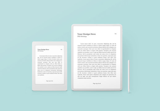 White E-Book Reader, Digital Tablet and Digital Pencil Mockup