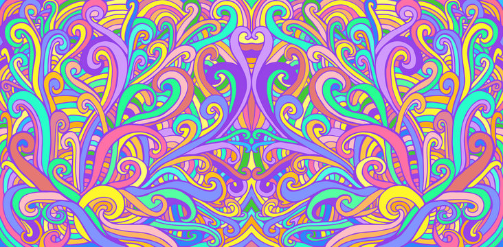 Colorful doodle waves abstract psychedelic background. Decorative surreal wavy texture. Vector hippie fantasy style pattern.