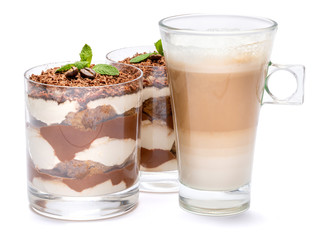Classic tiramisu dessert in a glass and cup of coffee isolated on a white background with clipping path