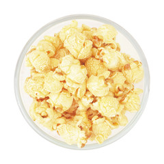 top view of caramel popcorn isolated on white