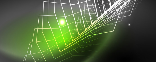 Shiny neon techno template. Neon lines background, 80s style laser rays