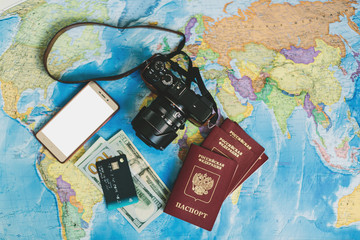 Travel background, passport, phone and money.