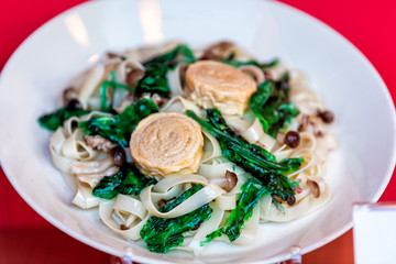 Noodles closeup on plate traditional Japanese cuisine display with local famous tofu skin dish and green spinach