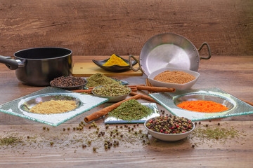 Variety of spices on kitchen table