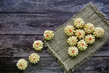 A malay traditional cookies called Kuih Semperit Dahlia served during Eid Fitri. Top view and flat lay concept.