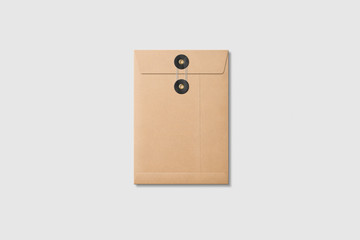 Kraft Paper A5/C5 size String and Black Washer Envelope Mockup on light grey background. High resolution.