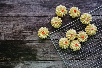 A malay traditional cookies called Kuih Semperit Dahlia served during Eid Fitri. Top view and flat lay concept.