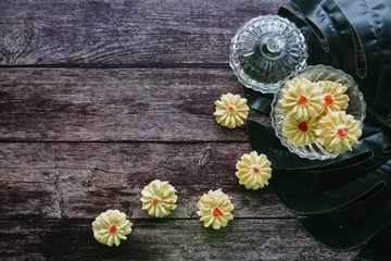 A malay traditional cookies called Kuih Semperit Dahlia served during Eid Fitri. Top view and flat lay concept.