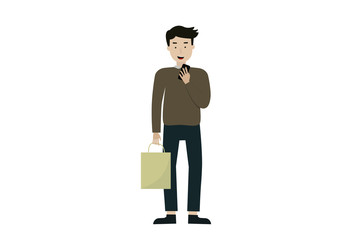 Man look at a mobile phone with shopping bag ,flat illustration cartoon design