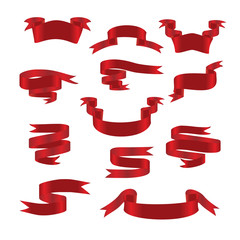 Red glossy ribbon banners celebrations symbols set. Ribbons collection isolated on white background.
